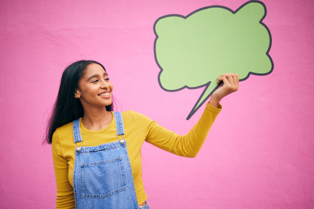 Woman, speech bubble and quote on social media, mockup or opinion, review and space for feedback or...