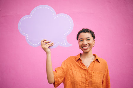 Speech bubble, quote and woman on social media, mockup or opinion, review and space for feedback or...