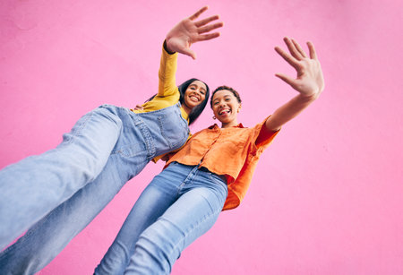 Happy, fashion and portrait of women on pink background in city with trendy clothes, stylish and...