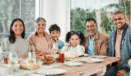 Portrait, relax and family with food, lunch and happiness with quality time, nutrition and children. Face, grandparents or mother with father, kids and meal with love, home and happy with generationsの写真素材