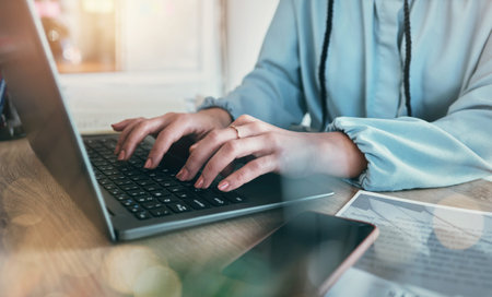 Laptop keyboard, hands and professional person typing UX webdesign, app wireframe development or...
