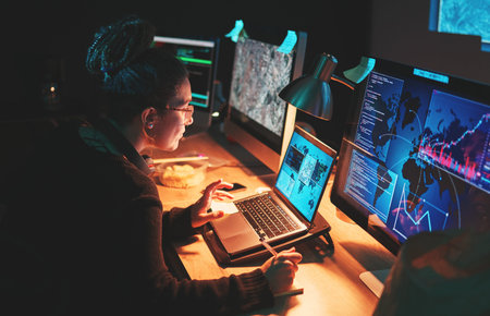 Cybersecurity, woman and computer with global info with map graphic for phishing and hacker data....