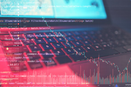 Cyber security, laptop and software malware, algorithm error and programming mistake, script fail or code glitch. HTML coding problem, dark system virus and virtual night overlay of cyber attack riskの写真素材