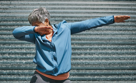Woman, exercise and dab dance outdoor at training, fitness or workout achievement with celebration....