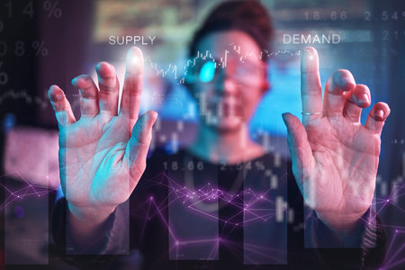 Hands of woman, vr algorithm and hologram coding for web business, futuristic technology and ar...
