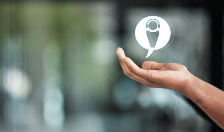 Hand, icon and call center app with mockup space in an office for customer service or support. App,...