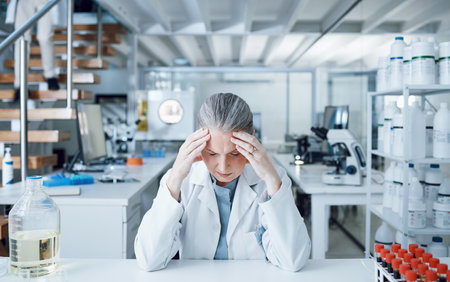 Fail, mistake and scientist with stress in a laboratory due to research crisis worried, anxiety and frustrated by results. Headache, burnout and tired professional with a medical error in a labの写真素材
