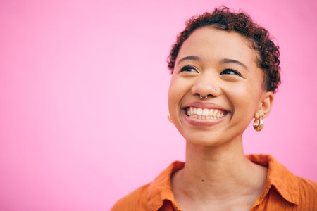 Thinking, woman and happy in studio with mockup space, gen z style and fashion. Pink background,...