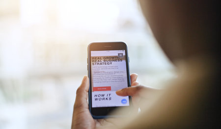 Businessman, hands or typing on a phone for email on ecommerce social media or digital website on network. Search closeup, scroll or worker online shopping or reading news information on mobile appの写真素材