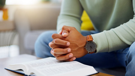Prayer, worship and bible with hands of person in living room for peace, spiritual and Christian....