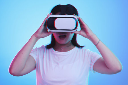 Woman, VR technology and surprise in studio for user experience, digital world and future multimedia...
