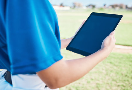 Closeup, baseball or outdoor with a tablet, screen or social media with connection, athlete or...