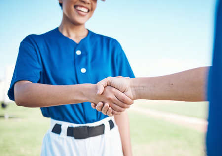 Baseball player, sports and fitness team hand shake for partnership, teamwork or welcome greeting at match competition. Closeup, athlete and people shaking hands for agreement, thank you or respectの写真素材
