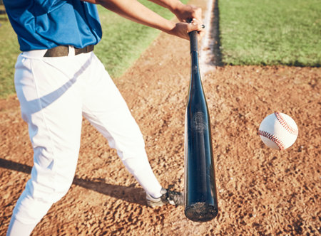 Baseball, bat and person hit a ball outdoor on a pitch for sports, performance and competition....