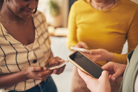 Hands, phone screen and women, typing in chat and friends relax at home, social media and...