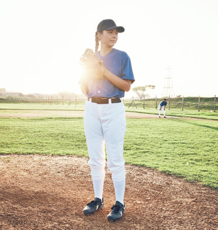 Baseball, pitcher and sports person outdoor on a pitch for performance and competition. Professional...