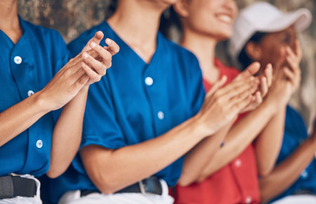 Sports hands, applause and baseball team watch game, celebrate homerun and support softball player...