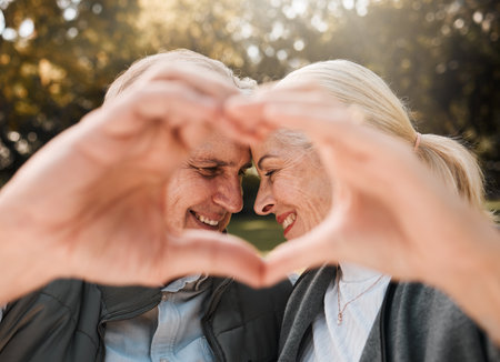 Love, park and senior happy couple with heart hands for retirement health, marriage bond and romantic date symbol. Support, emoji icon and outdoor man, old woman or people smile for nature wellnessの写真素材