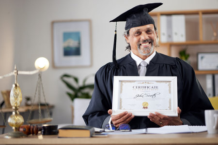 Law, portrait and a mature graduate with a certificate from education achievement in an office. Smile, graduation and a lawyer or legal attorney with a diploma at work for career celebrationの写真素材