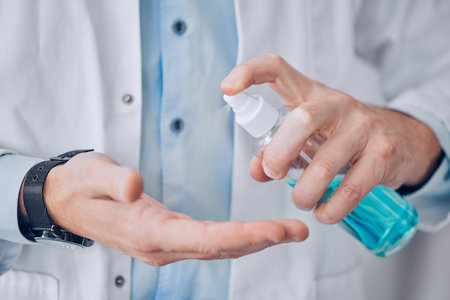 Closeup, hands and doctor, with sanitizer, man and protection from bacteria, disease and virus. Spray, person or medical professional for hygiene, wellness and healthcare with safety and disinfectantの写真素材