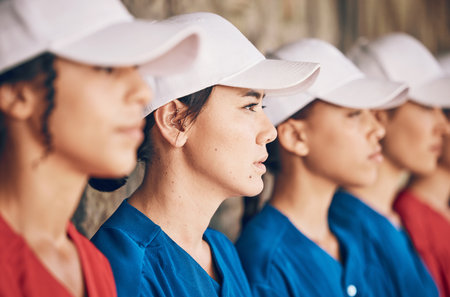 Women, softball and sports, team and face, watch game with fitness and mission with confidence at stadium. Athlete group, exercise and trust with support, collaboration and baseball player in clubの写真素材