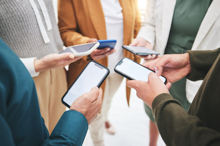 Mobile, hands or people networking in circle to share, info or news on online communication...