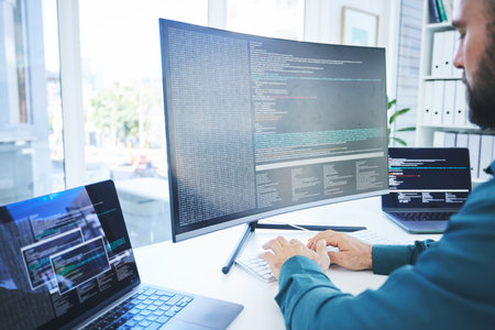 Computer, programmer or technician man for coding, software script or cyber security in office....