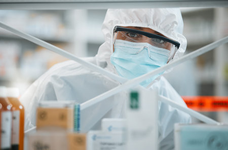 Lab portrait, PPE and face of person for safety security, cleaning hospital clinic or contamination...