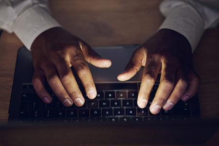 Laptop keyboard, hands and corporate person typing, planning and trading crypto, NFT or invest in...