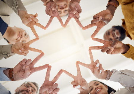 Peace, hands and business people in office for teamwork, collaboration and support low angle. V,...