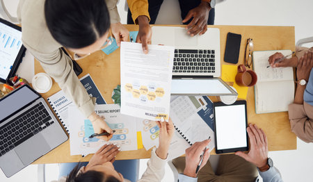 Business people, team hands and documents for meeting, planning and branding or marketing proposal...
