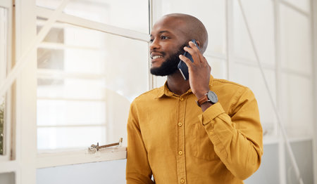 Business, happy black man and thinking with phone call communication in office for feedback on...