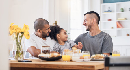 Happy, gay men and family at breakfast together in the dining room of their modern house. Smile,...