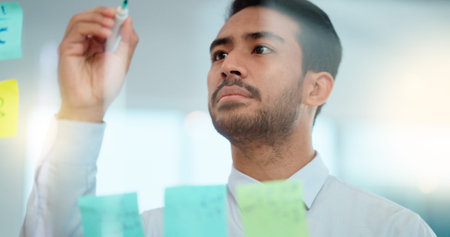 Project manager planning a strategy while writing notes on a glass wall in an office. Businessman...