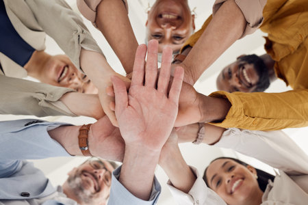 Hands, stack and team building, business people and support with winning, planning and mission, low...