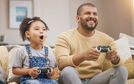 Father, girl and gaming controller on sofa with challenge, shout and wow in competition, bonding and...
