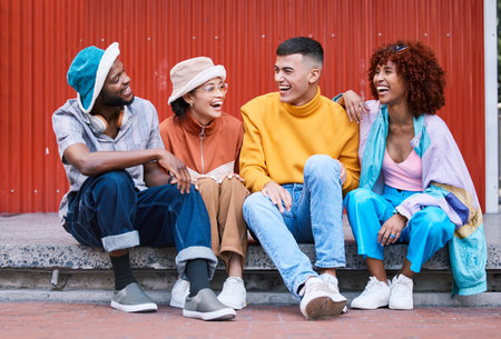 Fashion, university and friends laugh in city, relax on holiday, adventure and weekend together. Travel, college students and men and women in urban town for bonding, conversation and fun on vacationの写真素材