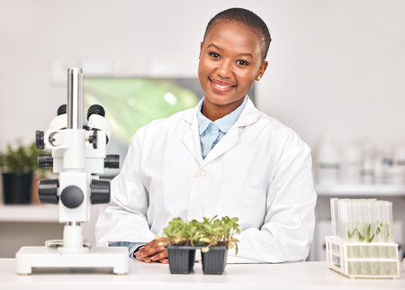 Science, plant and portrait of black woman in laboratory for sustainability research, botany or biochemistry. Pharmacy, medical and healthcare with scientist and for product, ecology or agricultureの写真素材