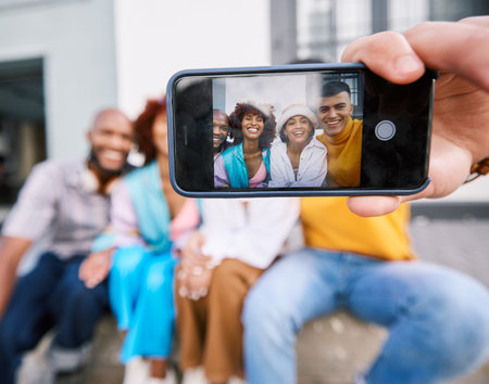 Friends, phone screen and selfie of people outdoor for travel, happiness and fun in city. Diversity,...