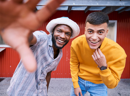 Portrait, selfie and smile of friends for social media, fashion and profile picture with happy face. College students, diversity and happiness in education for online post, internet and web blogの写真素材