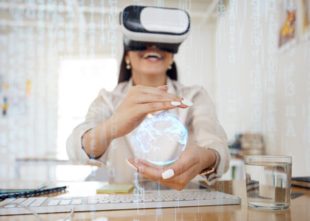 Business woman, virtual reality and globe for network in hands, holographic overlay or code for data in cyber metaverse. Happy developer, programming expert and ar vision for future, 3d earth or uxの写真素材