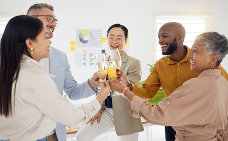 Teamwork, champagne and toast with business people in office for winner, celebration and support. Success, party and friends with employees and cheers for community, achievement and congratulationsの写真素材