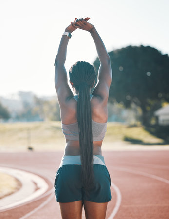 Sports, stretching and exercise with a woman outdoor on a track for running, training or workout....