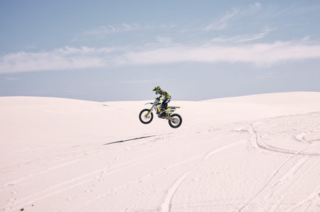 Bike, mockup and balance with a man in the desert riding a vehicle for adventure or adrenaline....