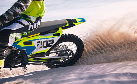 Sports, sand and person on motorbike in action for training, workout and challenge in desert....