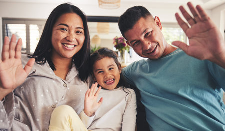 Parents, girl and wave in video call, portrait and smile for hello, contact and relax in family...