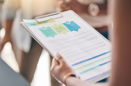 Business people, hands and documents for brand identity, marketing infographics and information for...