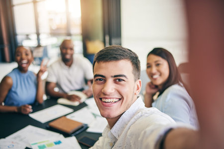 Selfie, portrait or happy businessman in meeting taking photo to post on social media together....