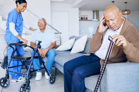 Senior, doctor and a man with a headache in a nursing home, depression or pain consultation....