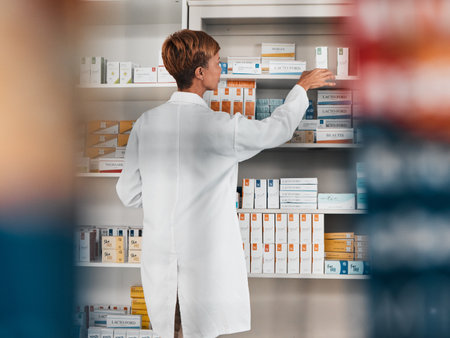 Woman, pharmacist and inventory inspection on shelf for pills, tablets or medication at the pharmacy. Female person, healthcare or medical worker checking stock or pharmaceutical at the drugstoreの写真素材